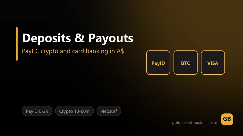 GoldenBet cashier screen showing PayID, Neosurf, card and crypto deposit options for Australian players